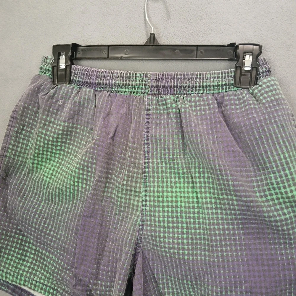 Retro Pacific Scene Swim Shorts Mens Small Green Purple Check Mesh Lined Beach